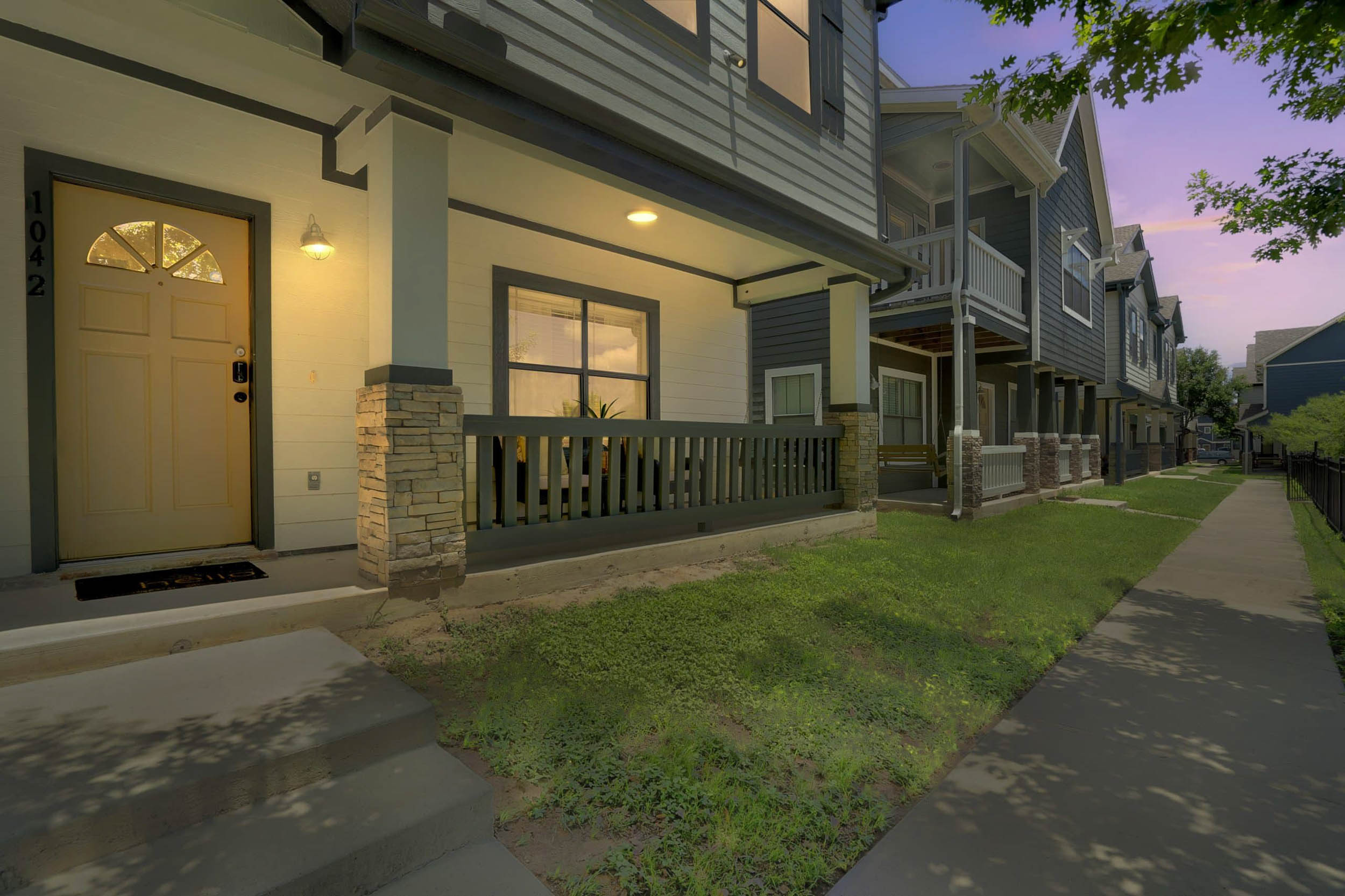 Outdoor porch area in the evening