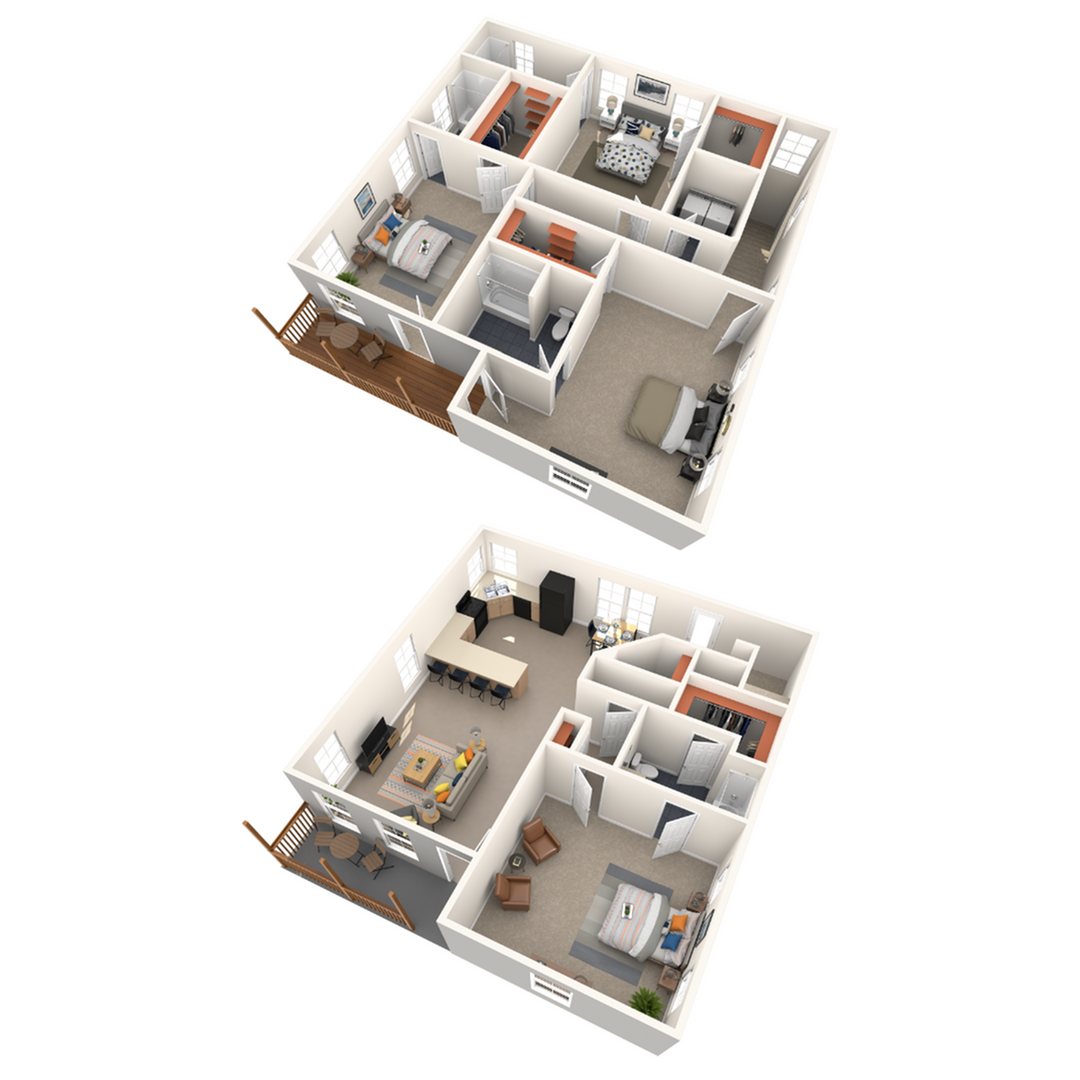 A 3D image of the 4BR/4.5BA floorplan, a 2200 squarefoot, 4 bed / 4.5 bath unit