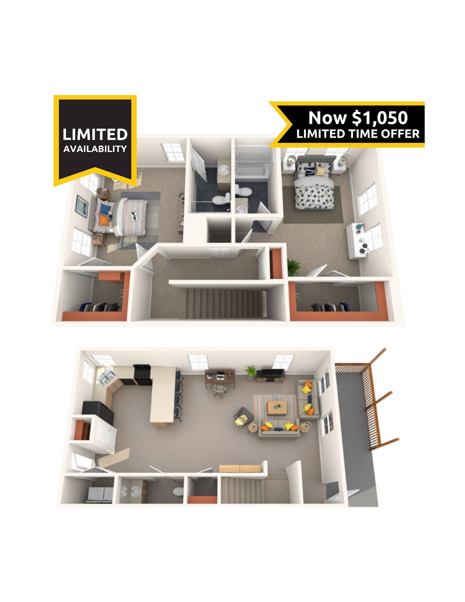 A 3D image of the 2BR/2.5BA floorplan, a 1500 squarefoot, 2 bed / 2.5 bath unit