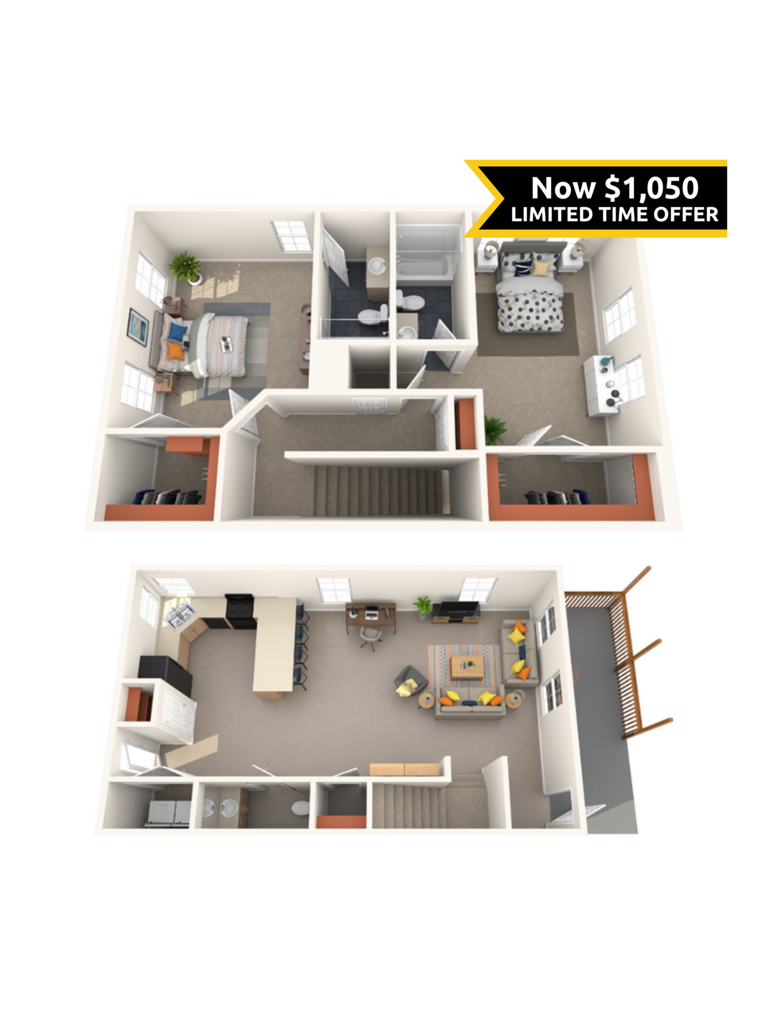 A 3D image of the 2BR/2.5BA Renovated floorplan, a 1500 squarefoot, 2 bed / 2.5 bath unit