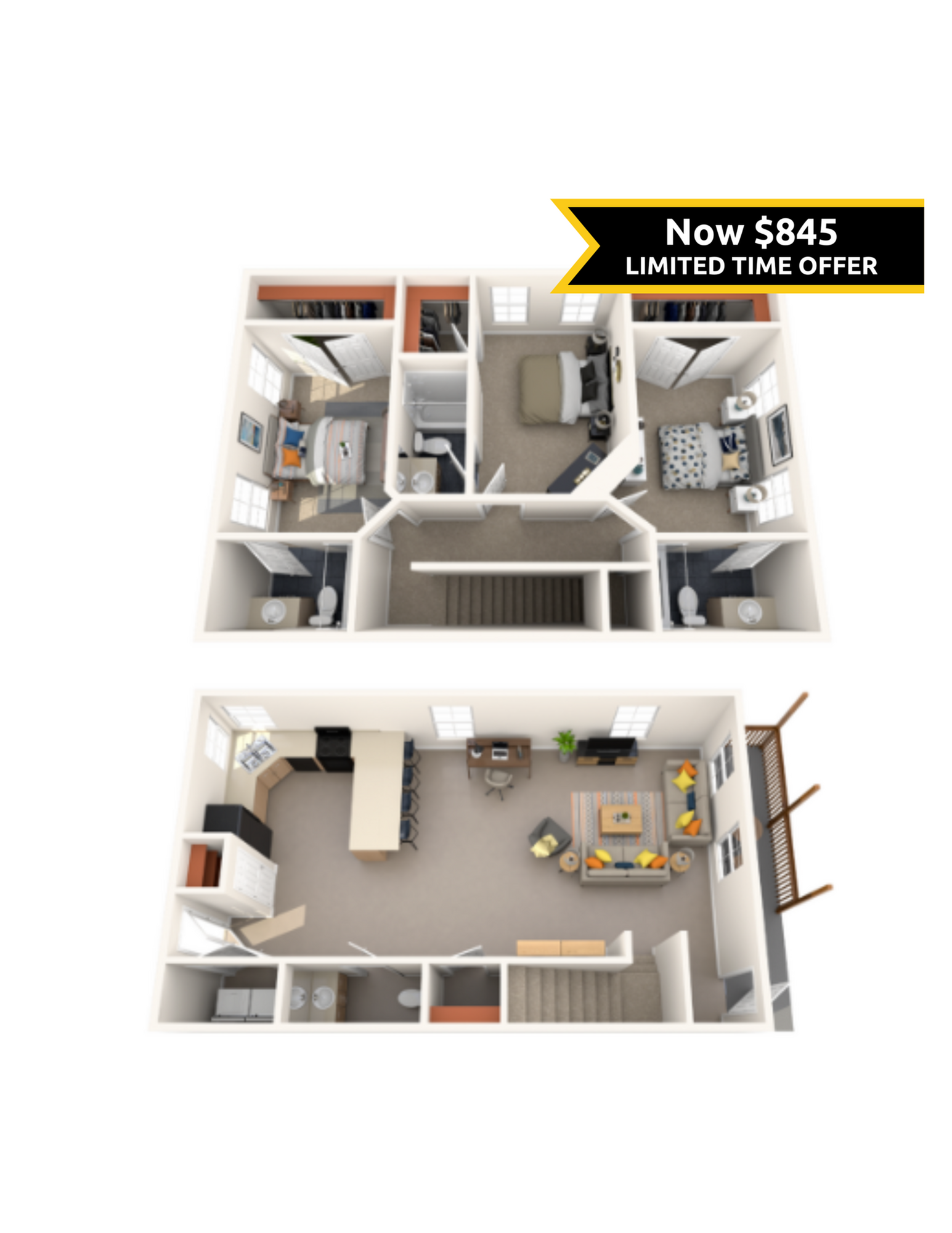 A 3D image of the 3BR/3.5BA floorplan, a 1700 squarefoot, 3 bed / 3.5 bath unit