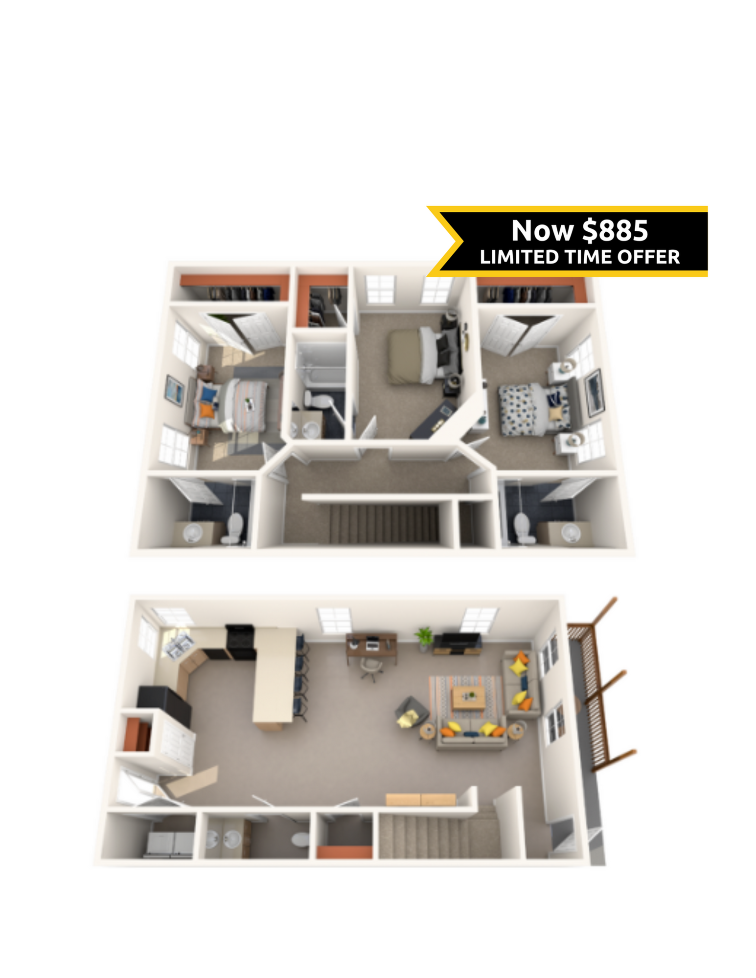 A 3D image of the 3BR/3.5BA Renovated floorplan, a 1700 squarefoot, 3 bed / 3.5 bath unit