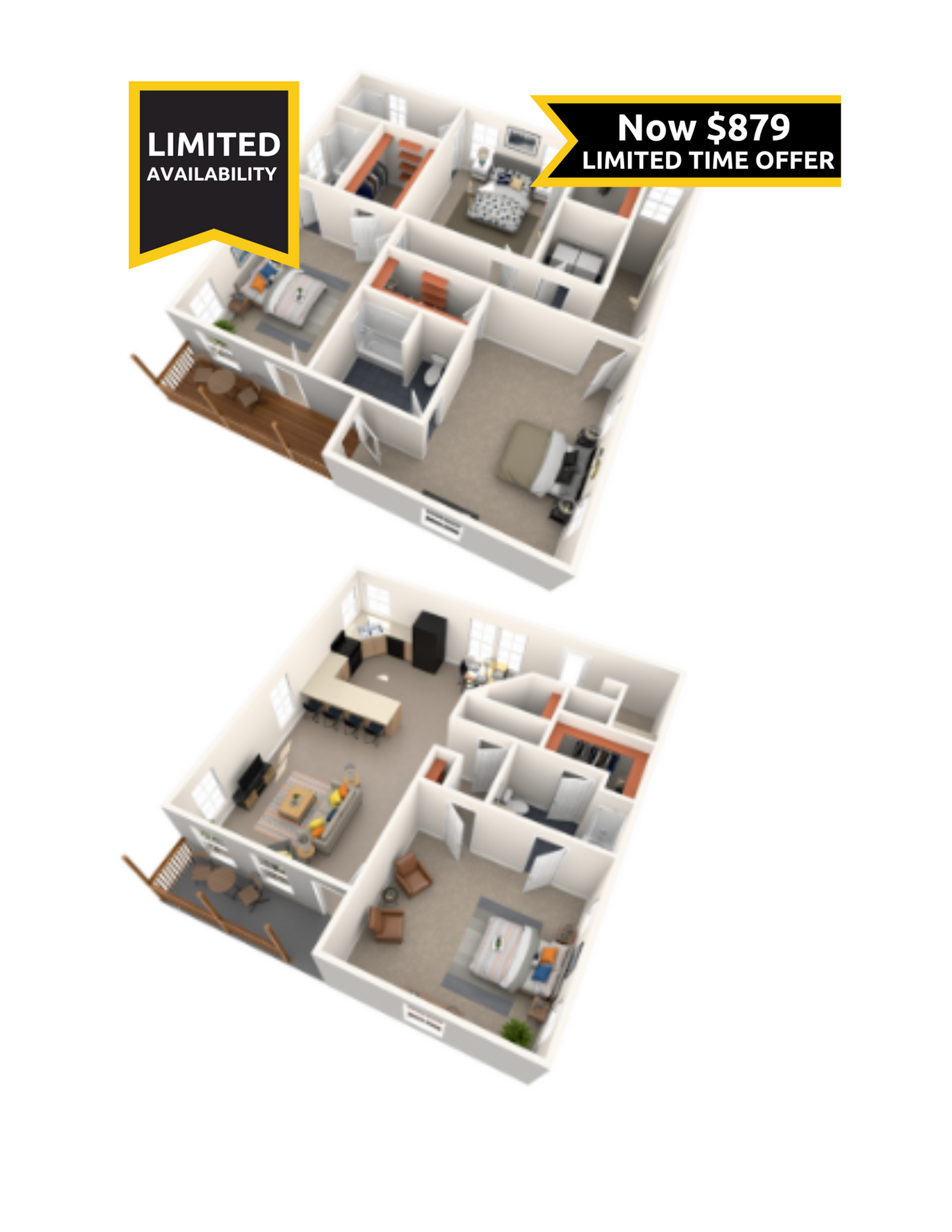 A 3D image of the 4BR/4.5BA floorplan, a 2200 squarefoot, 4 bed / 4.5 bath unit