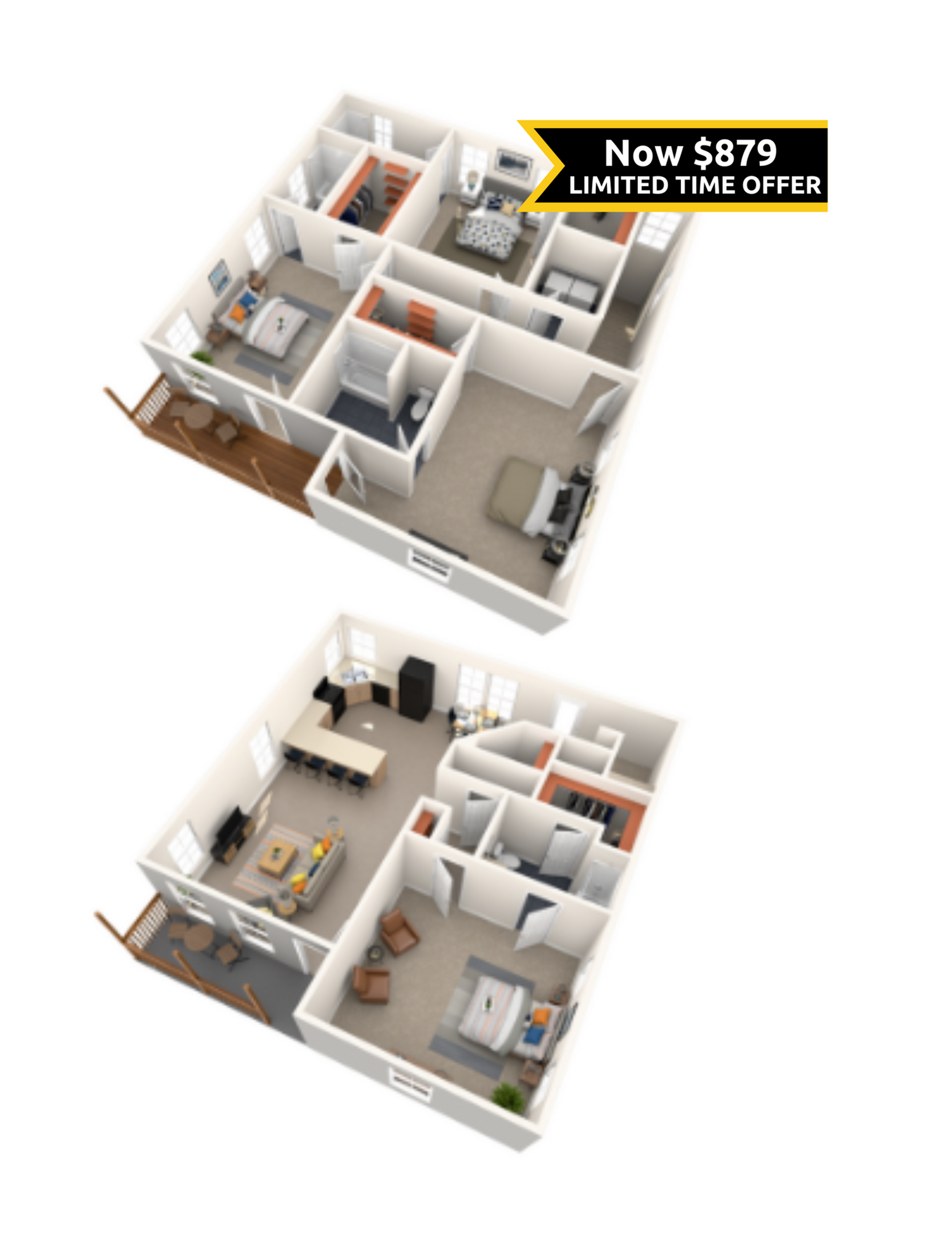 A 3D image of the 4BR/4.5BA Renovated floorplan, a 2200 squarefoot, 4 bed / 4.5 bath unit