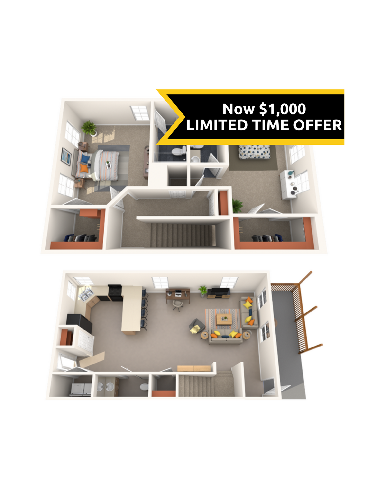 A 3D image of the 2BR/2.5BA Renovated floorplan, a 1500 squarefoot, 2 bed / 2.5 bath unit