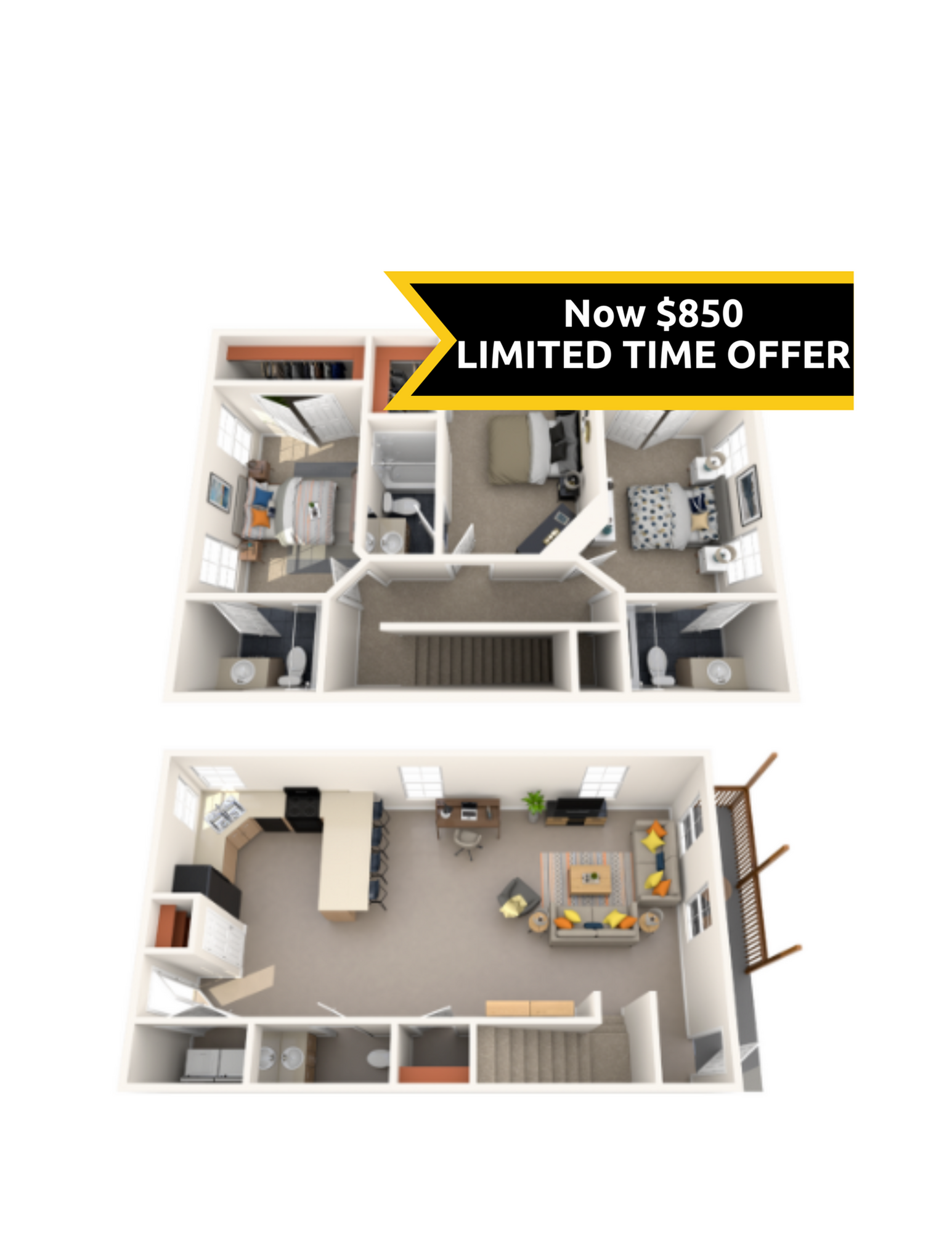 A 3D image of the 3BR/3.5BA Renovated floorplan, a 1700 squarefoot, 3 bed / 3.5 bath unit