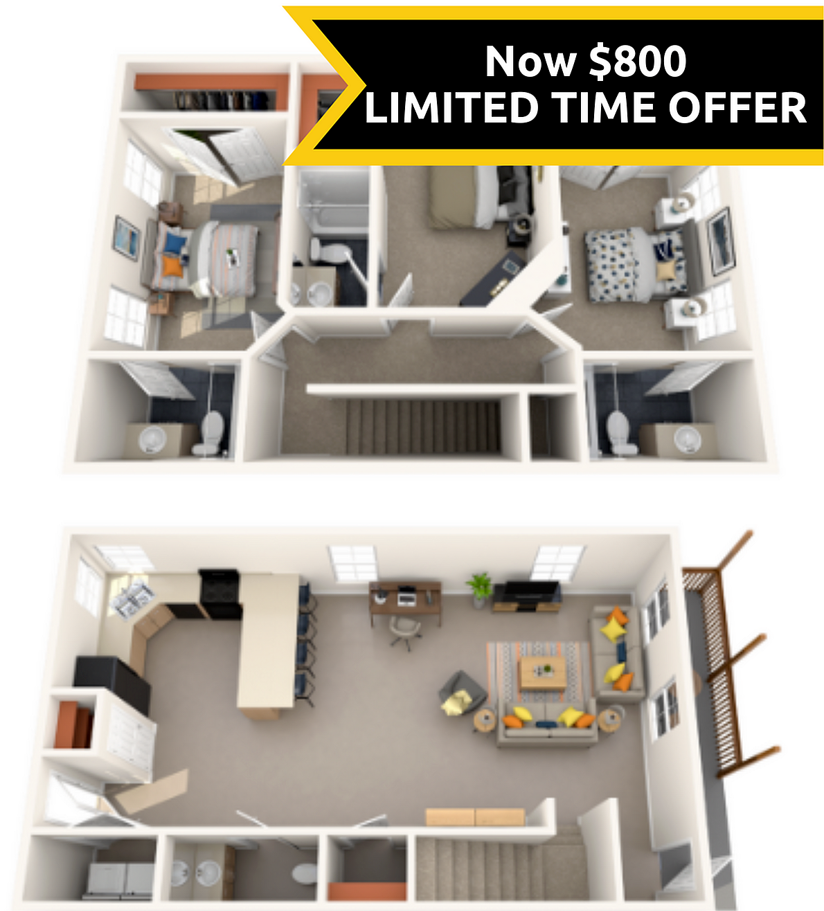 A 3D image of the 3BR/3.5BA floorplan, a 1700 squarefoot, 3 bed / 3.5 bath unit