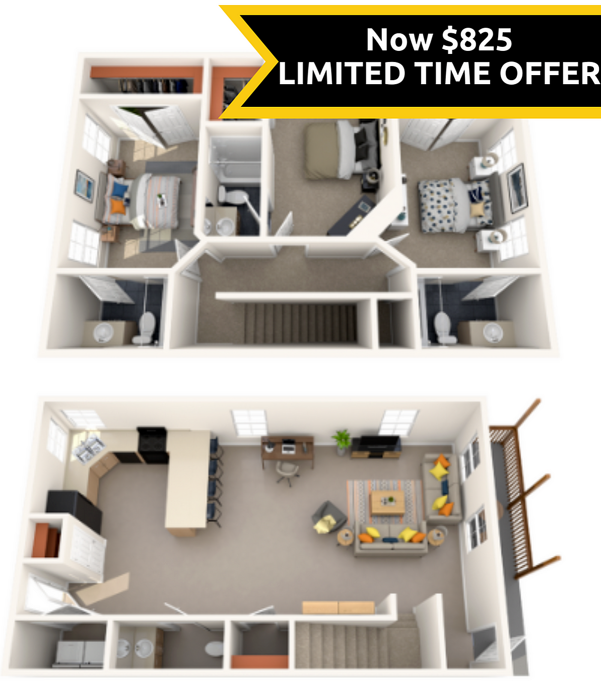 A 3D image of the 3BR/3.5BA Renovated floorplan, a 1700 squarefoot, 3 bed / 3.5 bath unit