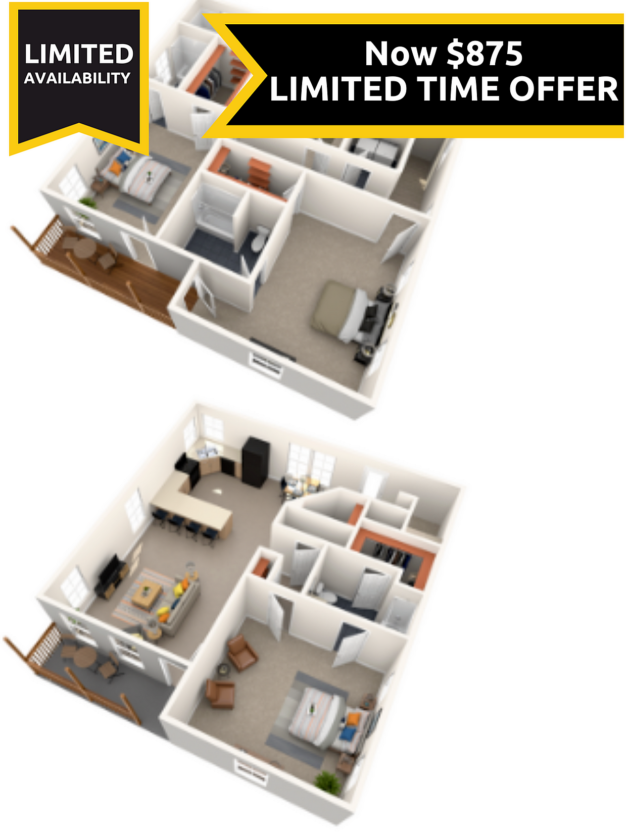A 3D image of the 4BR/4.5BA floorplan, a 2200 squarefoot, 4 bed / 4.5 bath unit