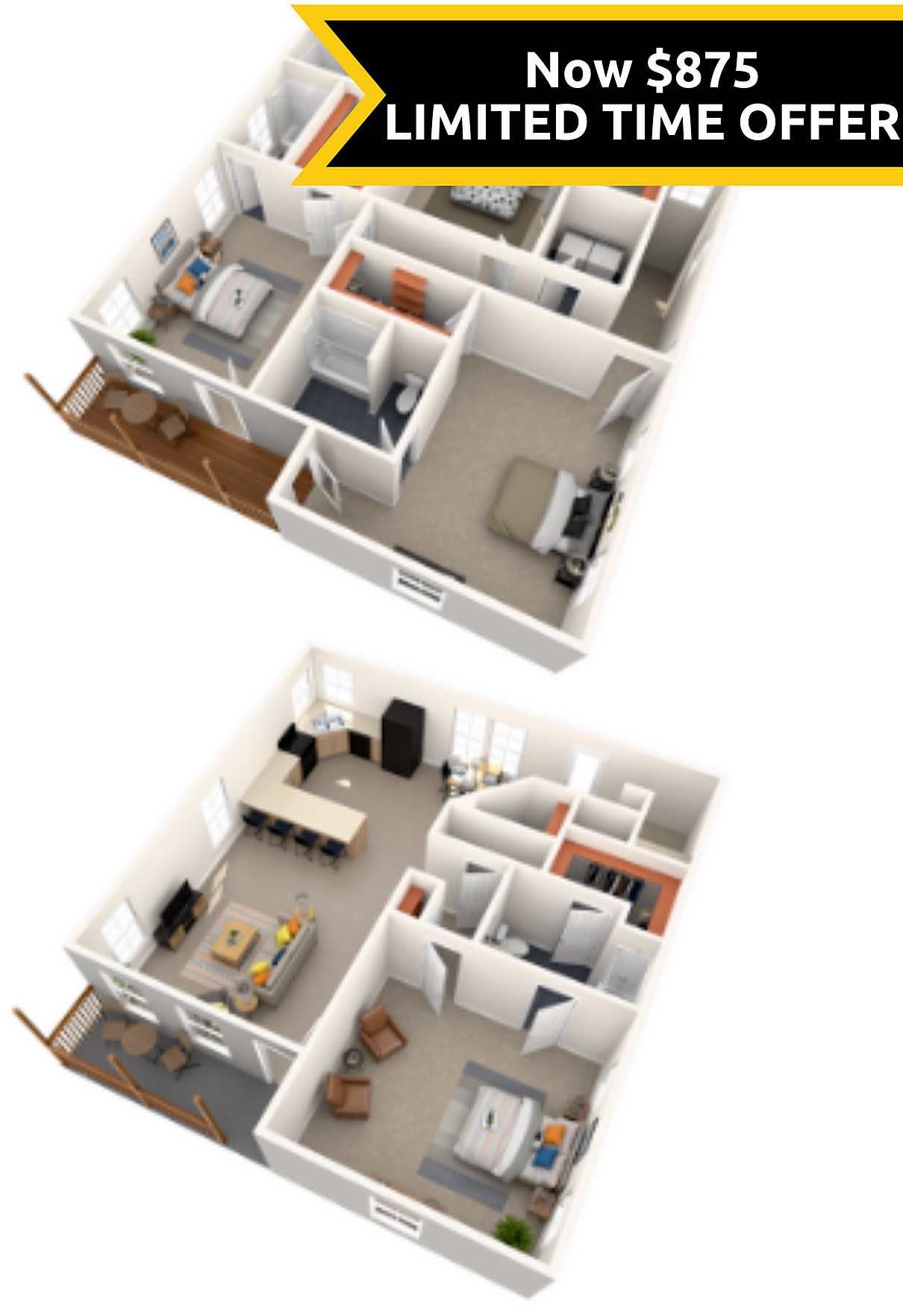 A 3D image of the 4BR/4.5BA Renovated floorplan, a 2200 squarefoot, 4 bed / 4.5 bath unit