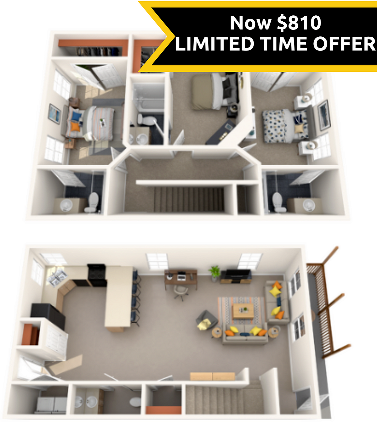 A 3D image of the 3BR/3.5BA Renovated floorplan, a 1700 squarefoot, 3 bed / 3.5 bath unit