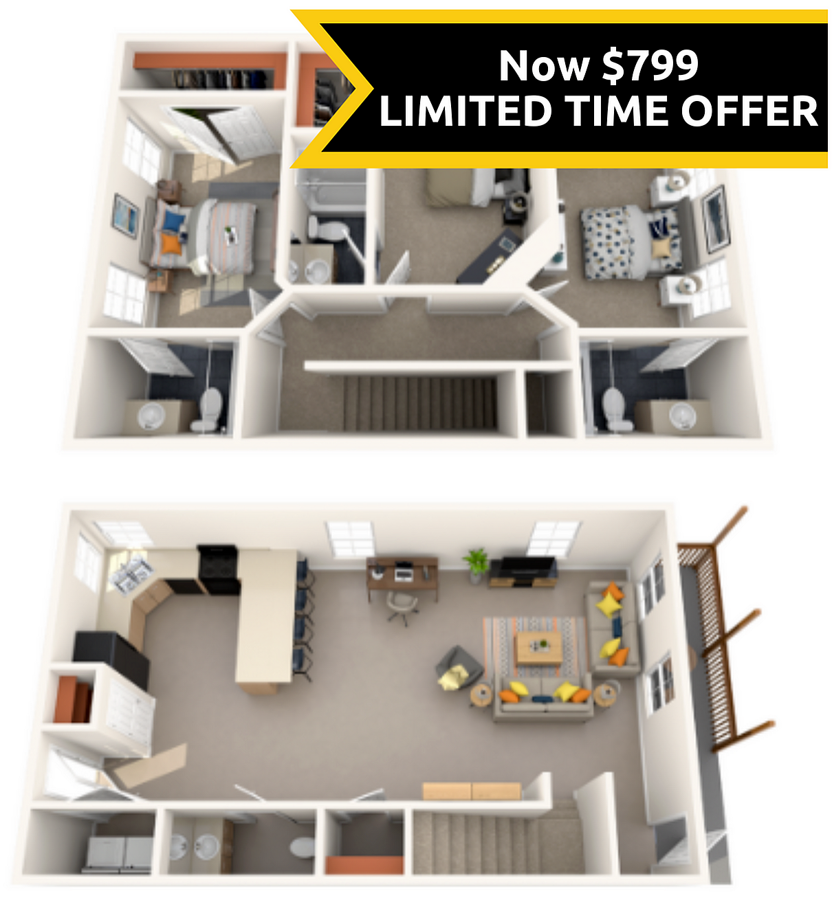 A 3D image of the 3BR/3.5BA Renovated floorplan, a 1700 squarefoot, 3 bed / 3.5 bath unit