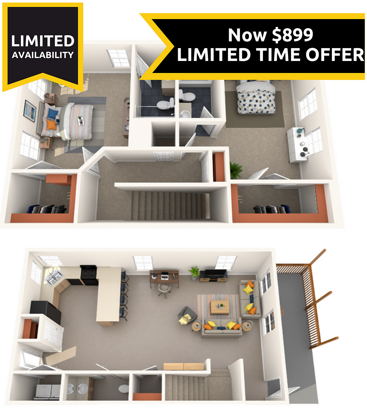 A 3D image of the 2BR/2.5BA floorplan, a 1500 squarefoot, 2 bed / 2.5 bath unit