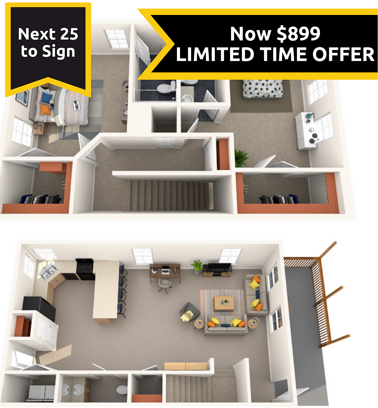 A 3D image of the 2BR/2.5BA Renovated floorplan, a 1500 squarefoot, 2 bed / 2.5 bath unit