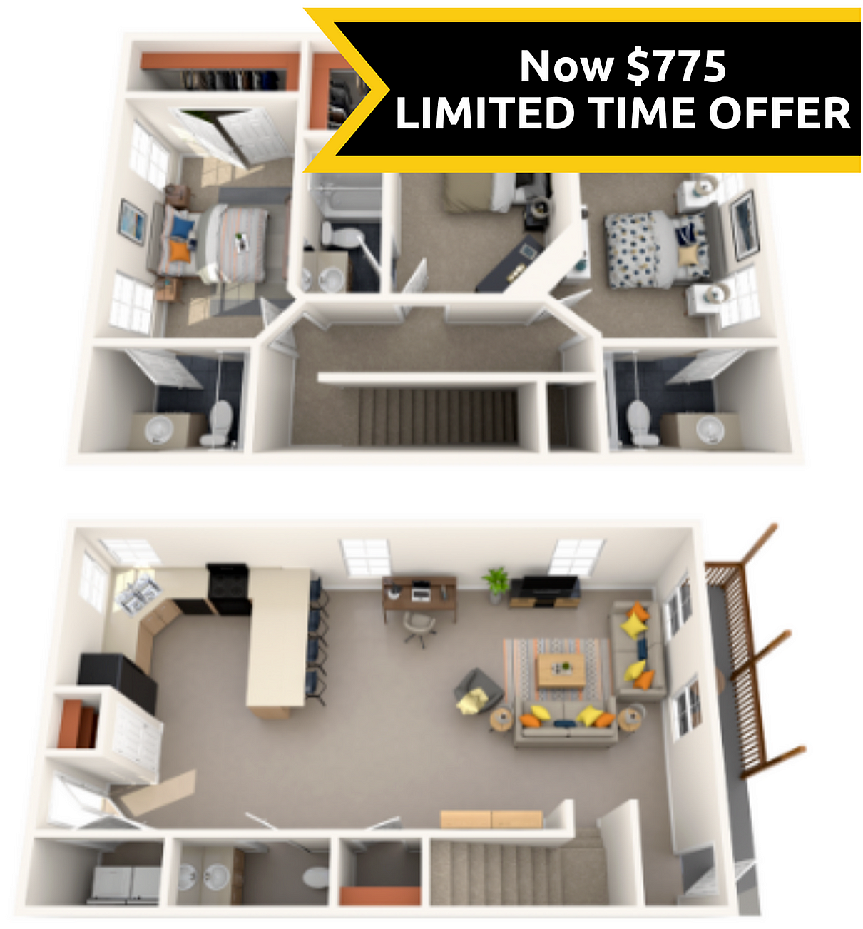 A 3D image of the 3BR/3.5BA Renovated floorplan, a 1700 squarefoot, 3 bed / 3.5 bath unit