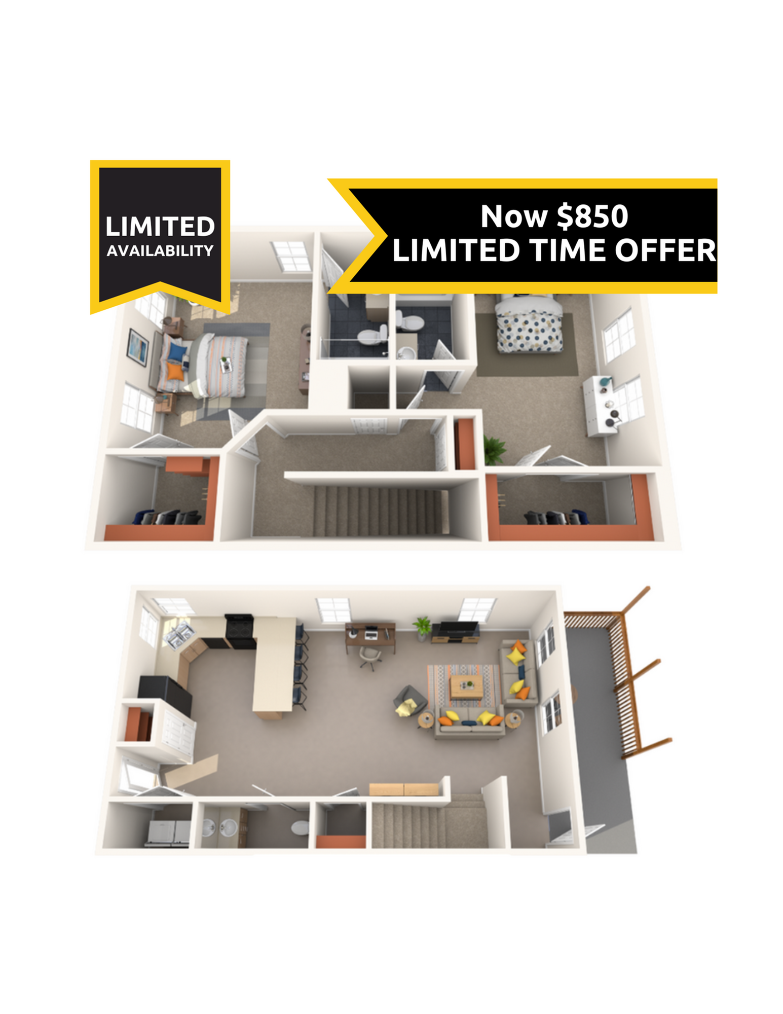 A 3D image of the 2BR/2.5BA floorplan, a 1500 squarefoot, 2 bed / 2.5 bath unit