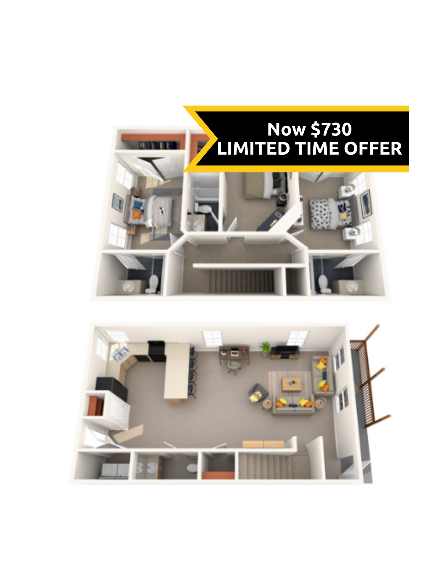 A 3D image of the 3BR/3.5BA floorplan, a 1700 squarefoot, 3 bed / 3.5 bath unit