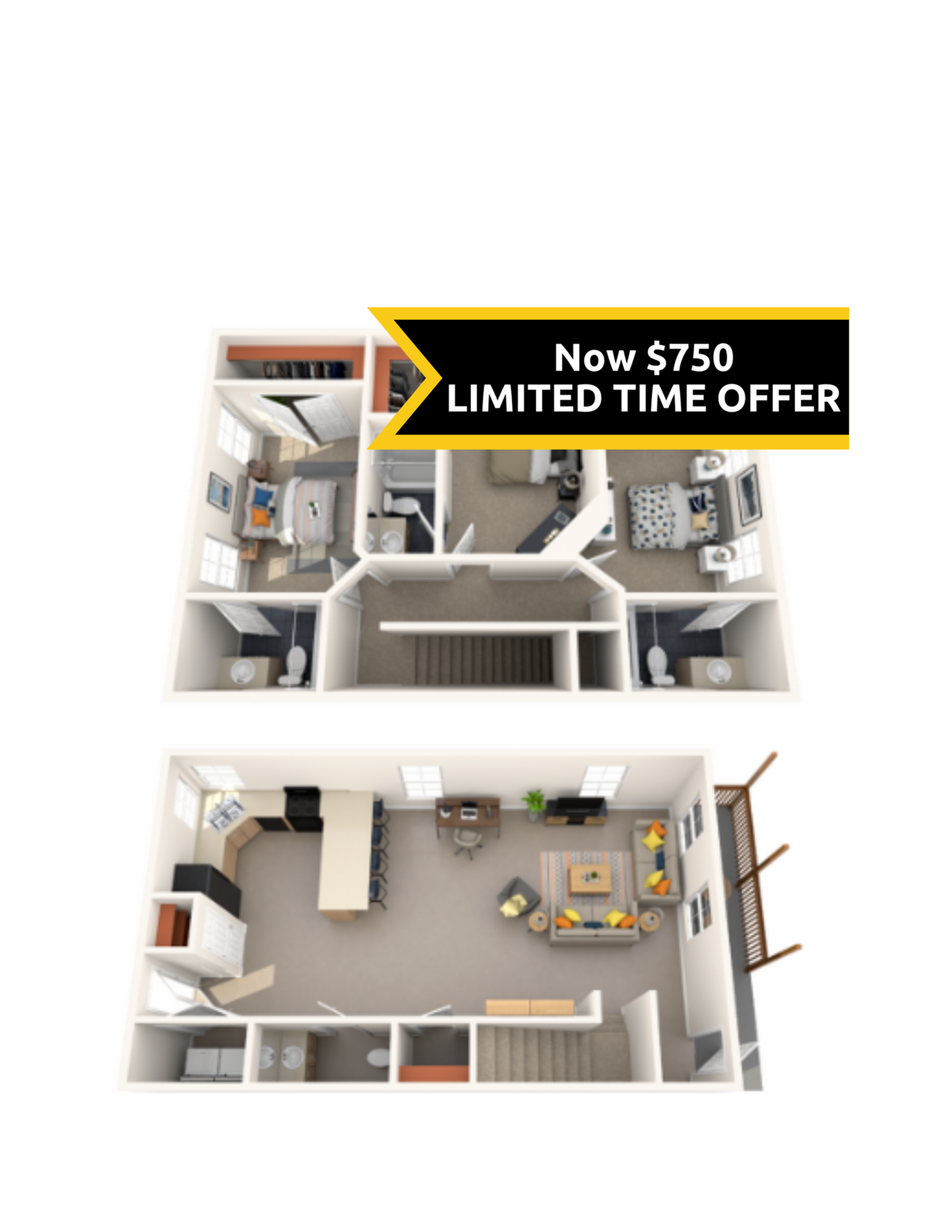 A 3D image of the 3BR/3.5BA Renovated floorplan, a 1700 squarefoot, 3 bed / 3.5 bath unit