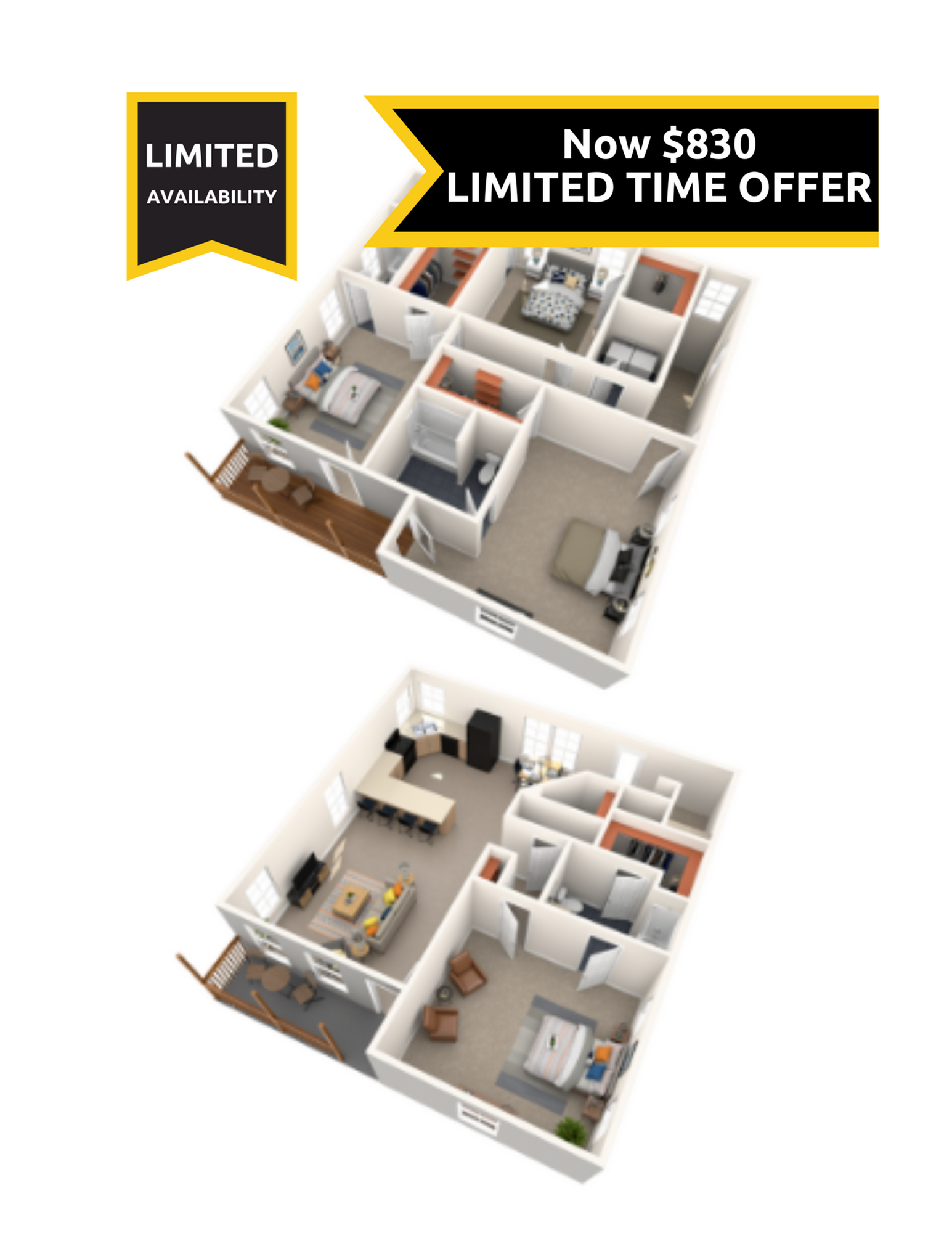 A 3D image of the 4BR/4.5BA floorplan, a 2200 squarefoot, 4 bed / 4.5 bath unit