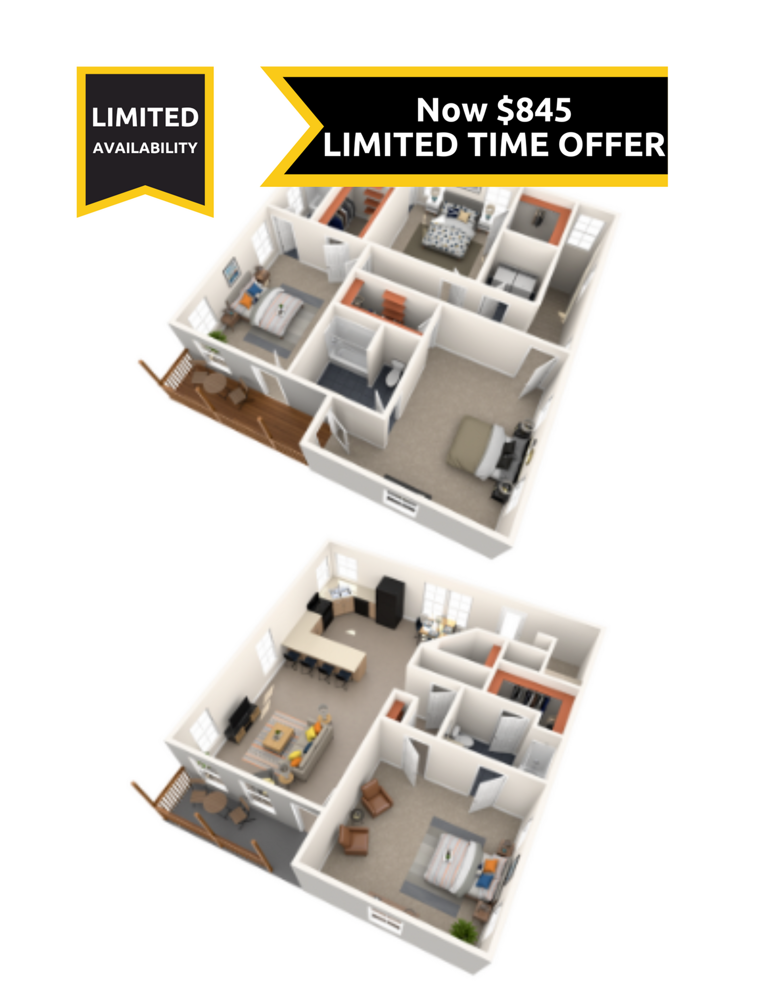 A 3D image of the 4BR/4.5BA Renovated floorplan, a 2200 squarefoot, 4 bed / 4.5 bath unit
