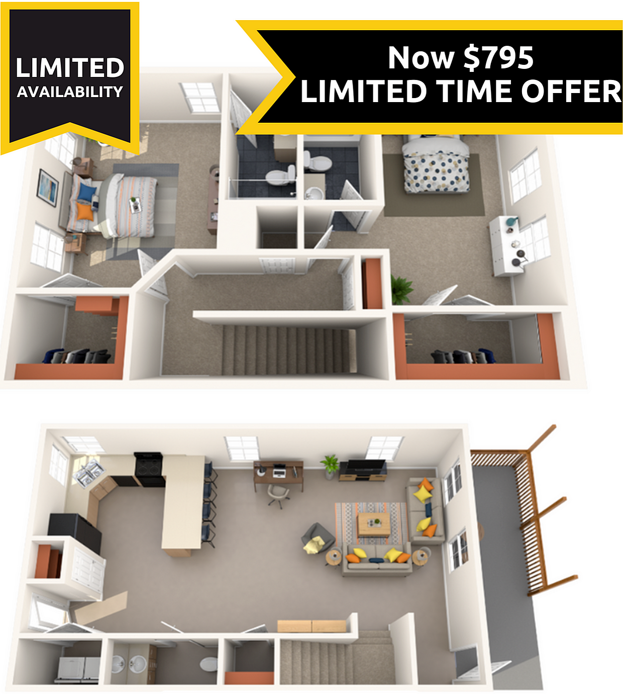 A 3D image of the 2BR/2.5BA floorplan, a 1500 squarefoot, 2 bed / 2.5 bath unit