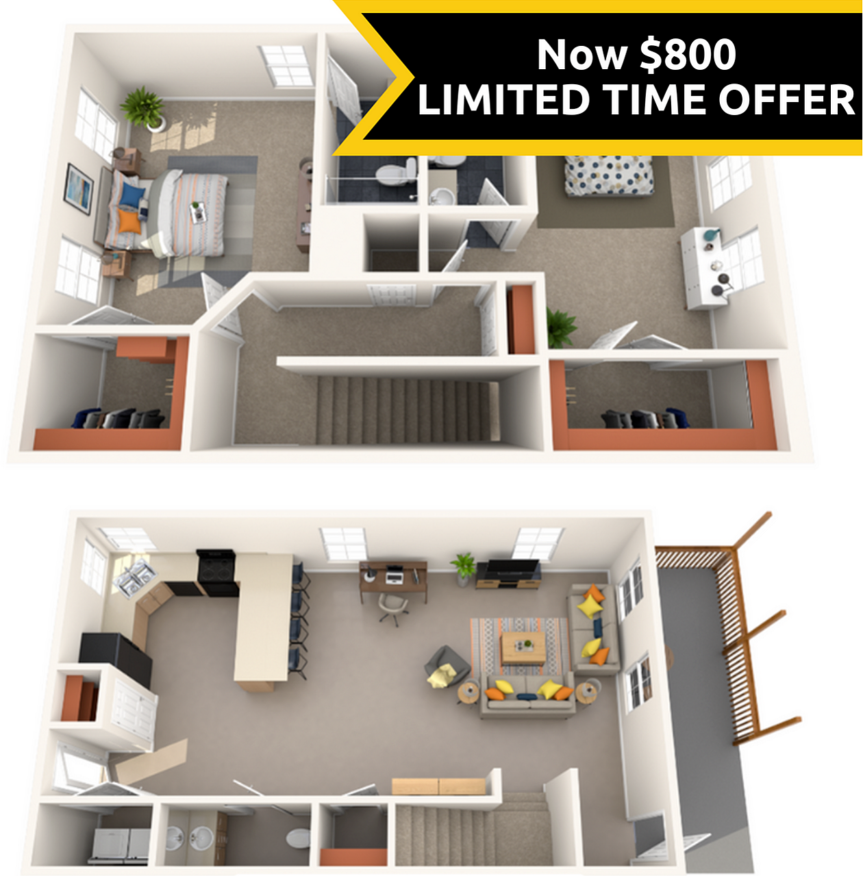 A 3D image of the 2BR/2.5BA Renovated floorplan, a 1500 squarefoot, 2 bed / 2.5 bath unit