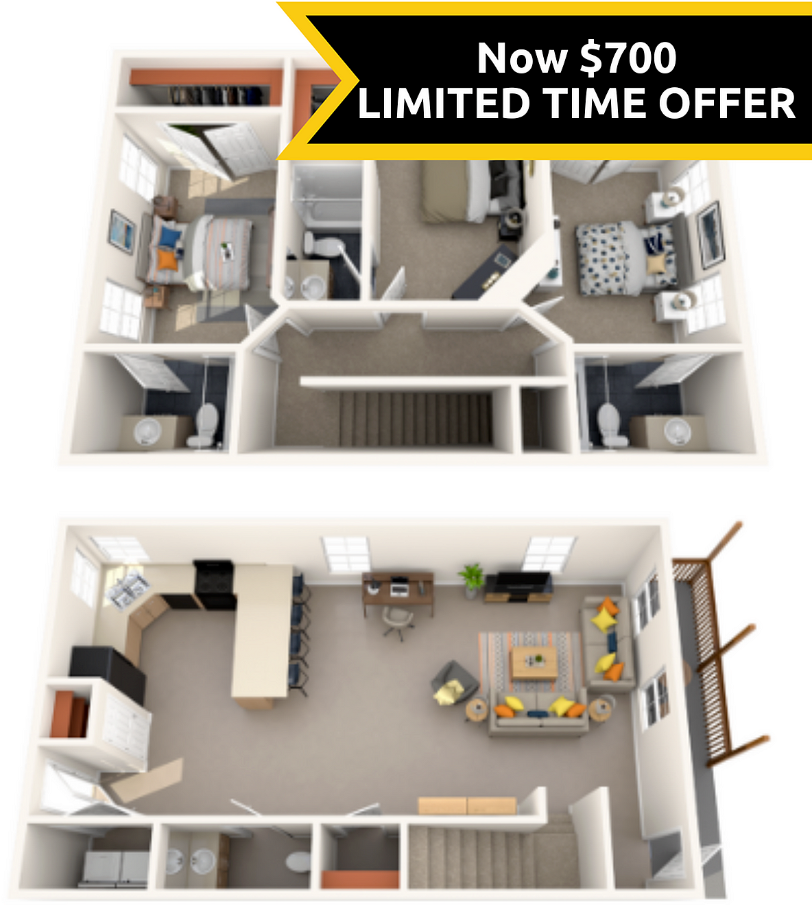 A 3D image of the 3BR/3.5BA floorplan, a 1700 squarefoot, 3 bed / 3.5 bath unit