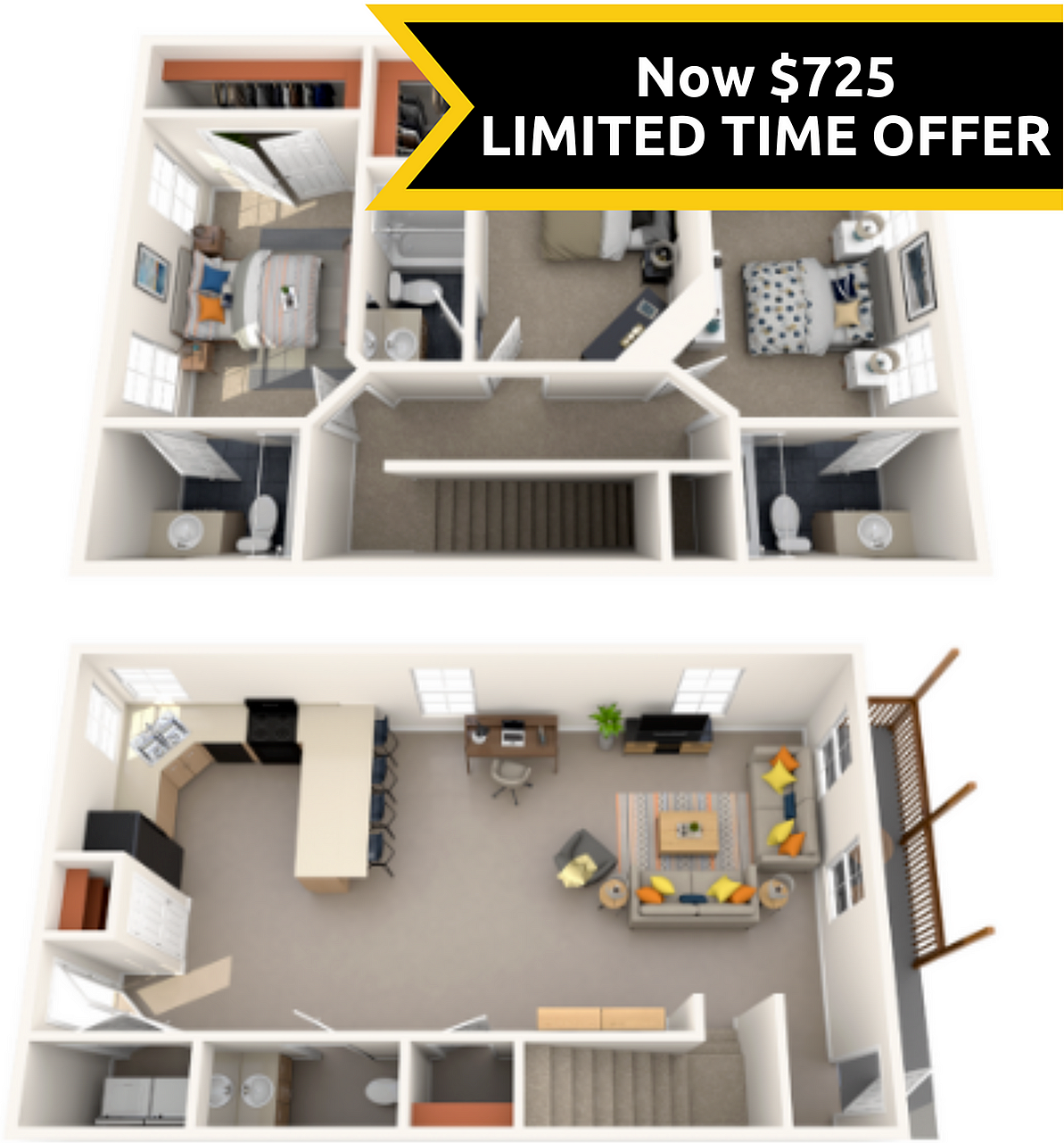 A 3D image of the 3BR/3.5BA Renovated floorplan, a 1700 squarefoot, 3 bed / 3.5 bath unit