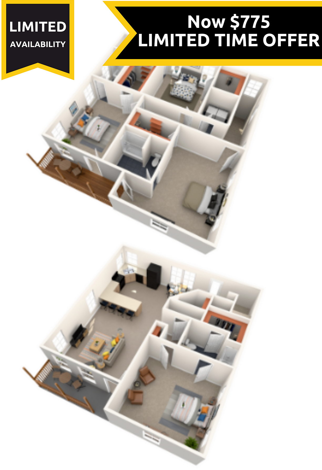A 3D image of the 4BR/4.5BA floorplan, a 2200 squarefoot, 4 bed / 4.5 bath unit