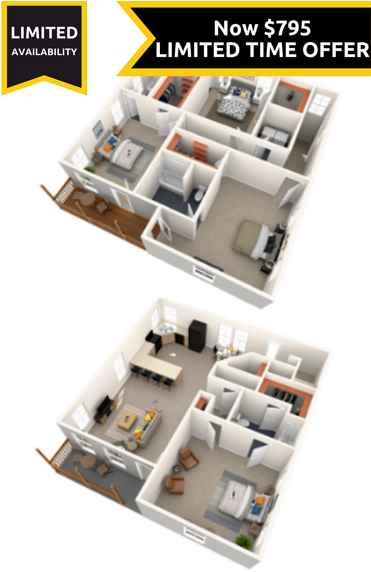 A 3D image of the 4BR/4.5BA Renovated floorplan, a 2200 squarefoot, 4 bed / 4.5 bath unit