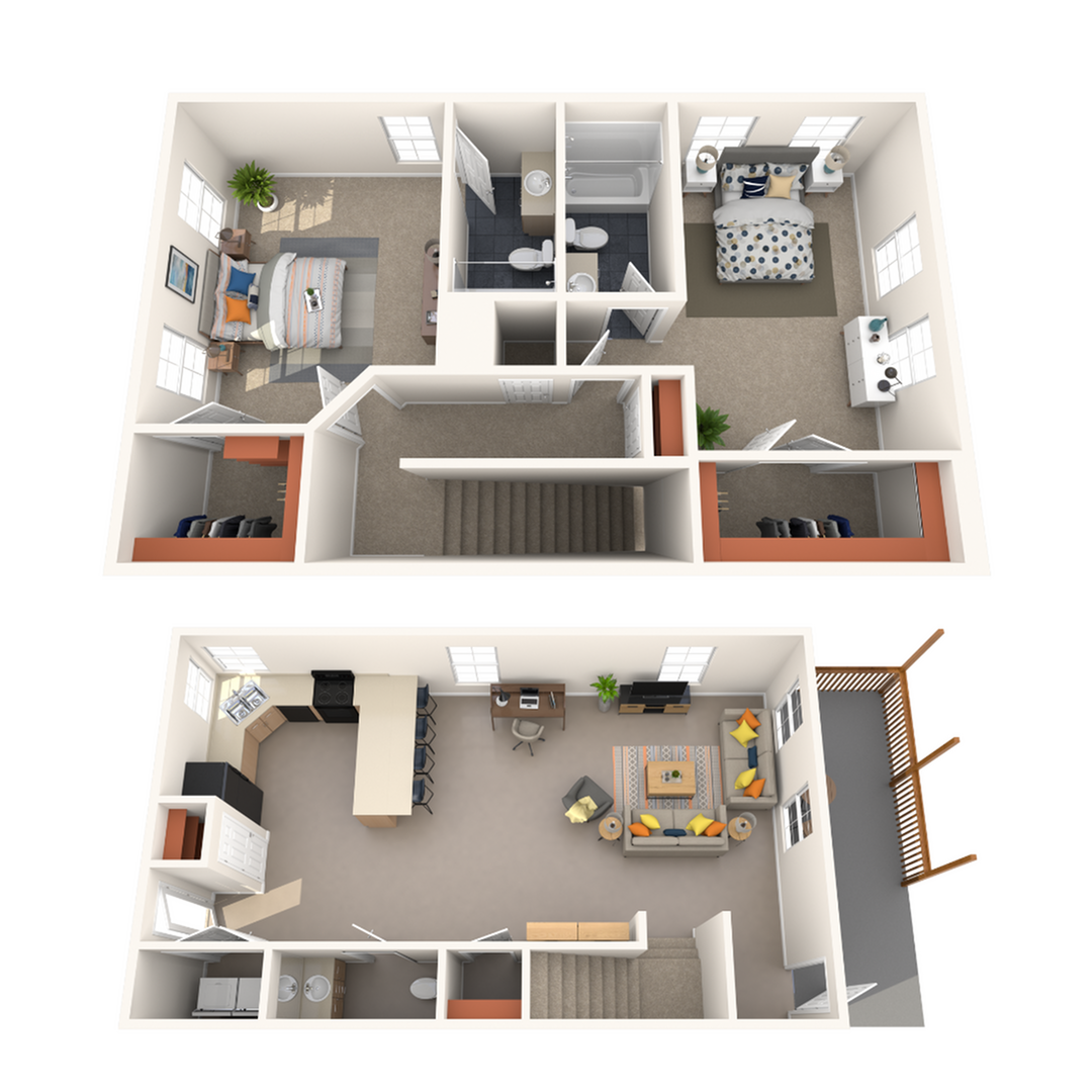 A 3D image of the 2BR/2.5BA floorplan, a 1500 squarefoot, 2 bed / 2.5 bath unit