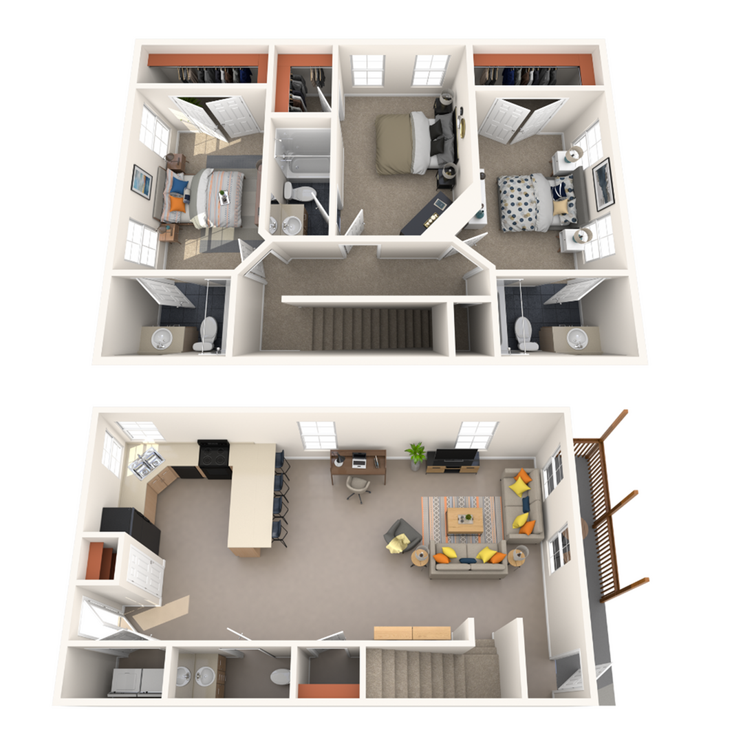 A 3D image of the 3BR/3.5BA floorplan, a 1700 squarefoot, 3 bed / 3.5 bath unit